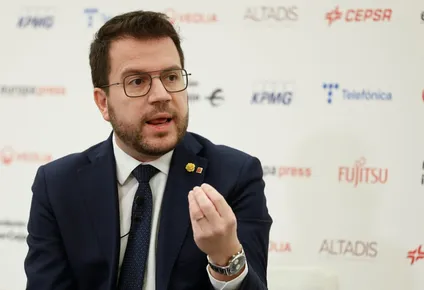 El presidente de la Generalitat de Cataluña, Pere Aragonés, participa en un desayuno informativo, este miércoles en Madrid.