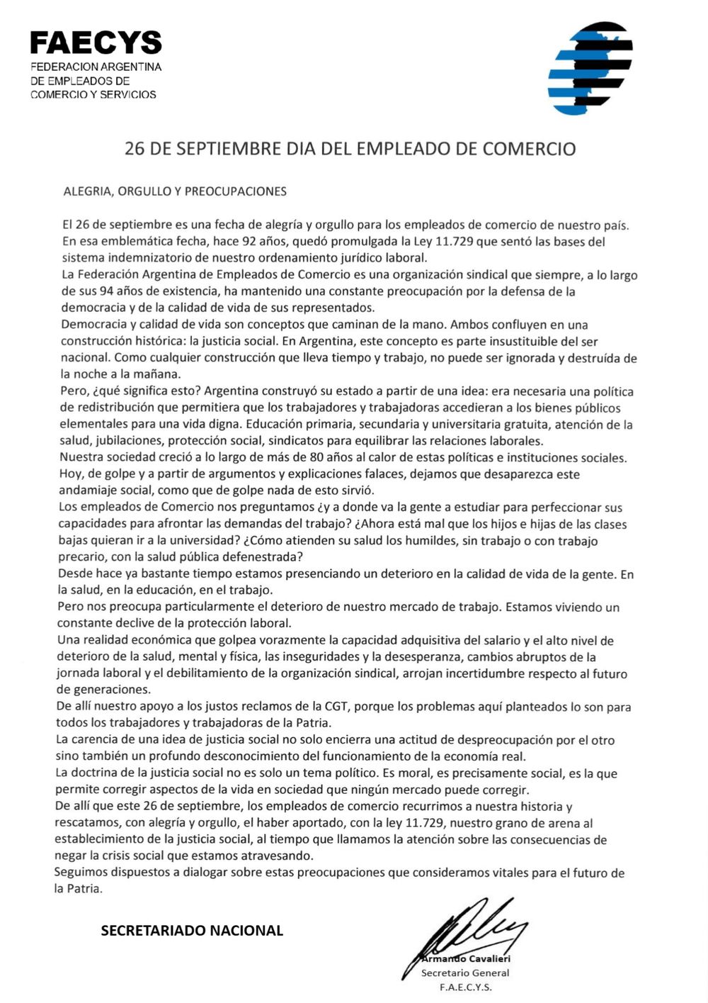 Circular FAECyS - Día del Empleado de Comercio 2026