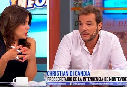 Esta imagen, un collage que incluye a María Noel Marrone y al intendente de Montevideo, Christian di Candia, en Desayunos Informales, es la que utilizan los estafadores