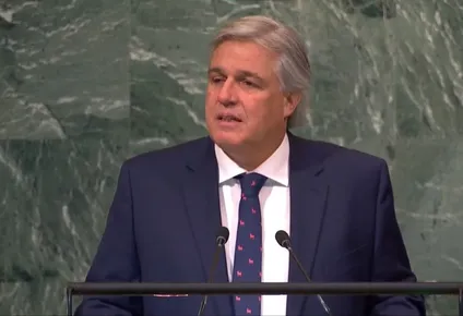 El canciller Bustillo durante su discurso en la ONU