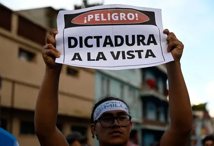 Un simpatizante del movimiento Semilla levanta un cartel alertando sobre las amenazas a la democracia
