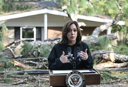 Harris habla en Augusta frente a una casa dañada por la caída de un árbol